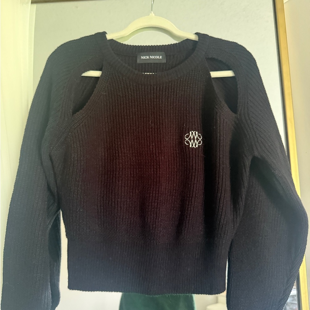 Nick Nicole Black Off-the-Shoulder Cutout Knit Sweater